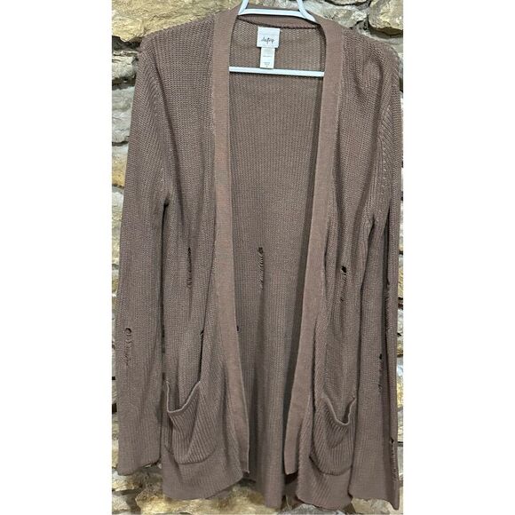 Women’s Tan Daytrip Long Sleeved Open Front Distressed Cardigan Sweater Size med - Picture 1 of 5
